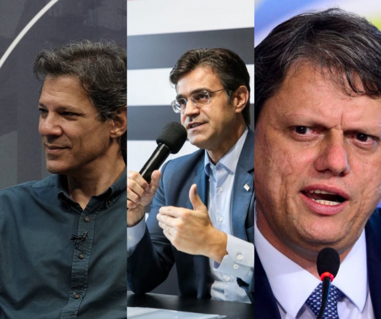 O petista lidera o Datafolha 34% das intenções de votos, seguido por Tarcísio e Rodrigo, ambos empatados com 13% --a margem de erro da pesquisa é de dois pontos percentuais, para mais ou para menos.